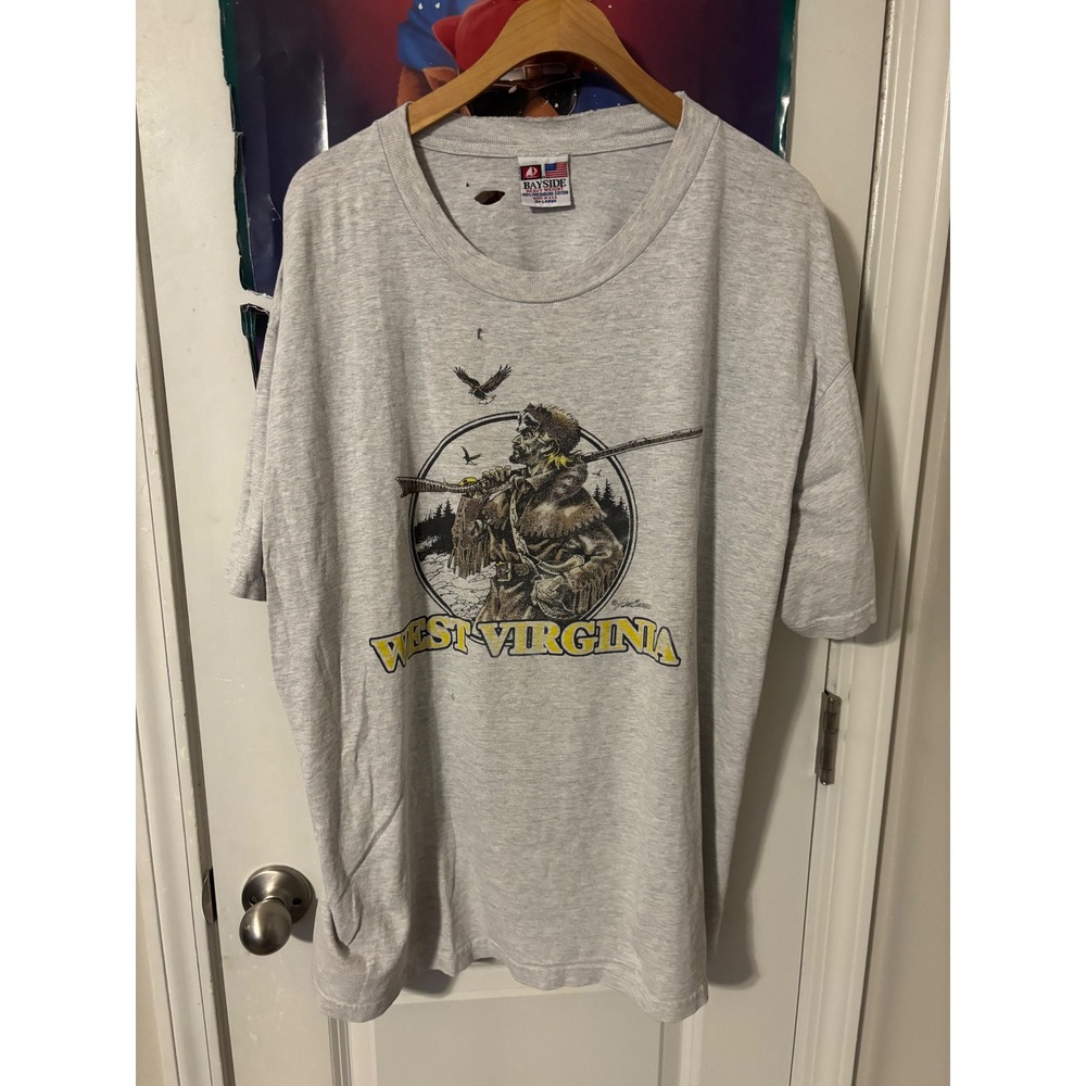 Vintage Bayside West Virginia Frontiersman T-Shirt Gray 2XL  Distressed